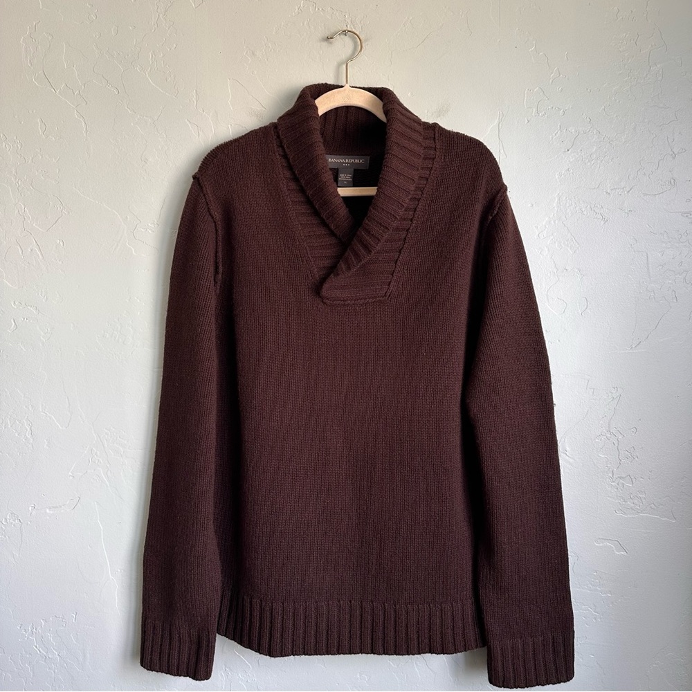 Banana Republic Men's Preppy 100% Wool Luxe Dark Brown Shawl Collar Sweater XL